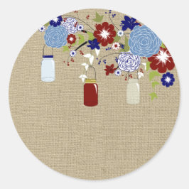 Barn Red and Blue Mason Burk Faux Burlap Sticker Runt Klistermärke