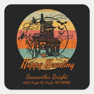 Barn Retro Halloween Lycklig Haunting Haunting Hou Fyrkantigt Klistermärke