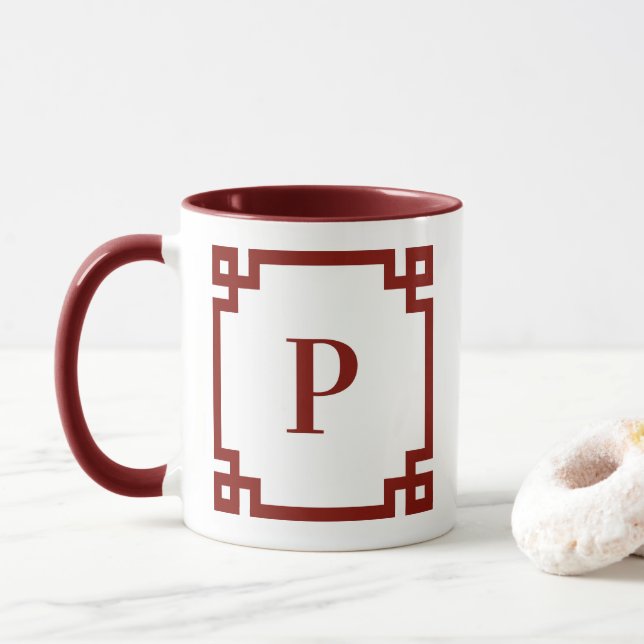 Barn Röda Grekisk Nyckel Kant Monogram Mugg (Med munk)