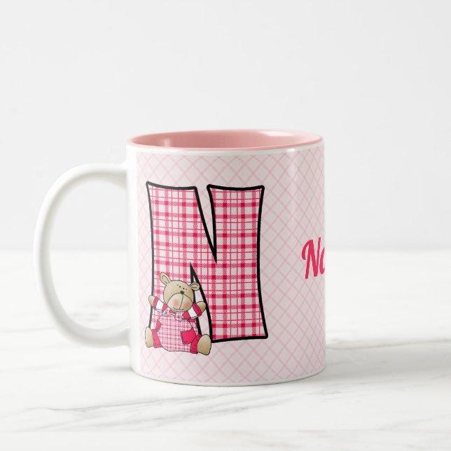 Barn Rosa Bear Monogram Brev N med Namn Två-Tonad Mugg (Vänster)