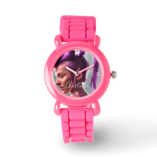 Barn Rosa Glitter Strap Cute Girl med Lila Hair Armbandsur