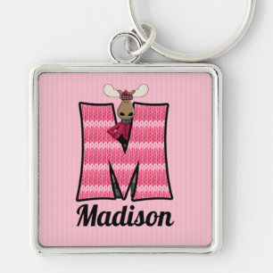 Barn Rosa Moose Monogram Brev M Fyrkantig Silverfärgad Nyckelring