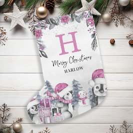 Barn Rosa Penguin Monogram Namn Liten Julstrumpa