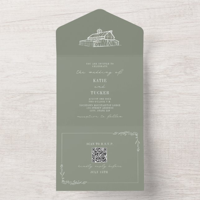 Barn Rustic Farm Bröllop Sage Grönt QR (Inside)