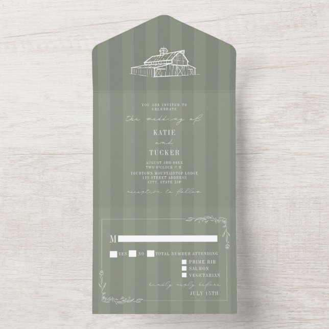 Barn Rustic Sagegrön Bröllops-RSVP (Insida)