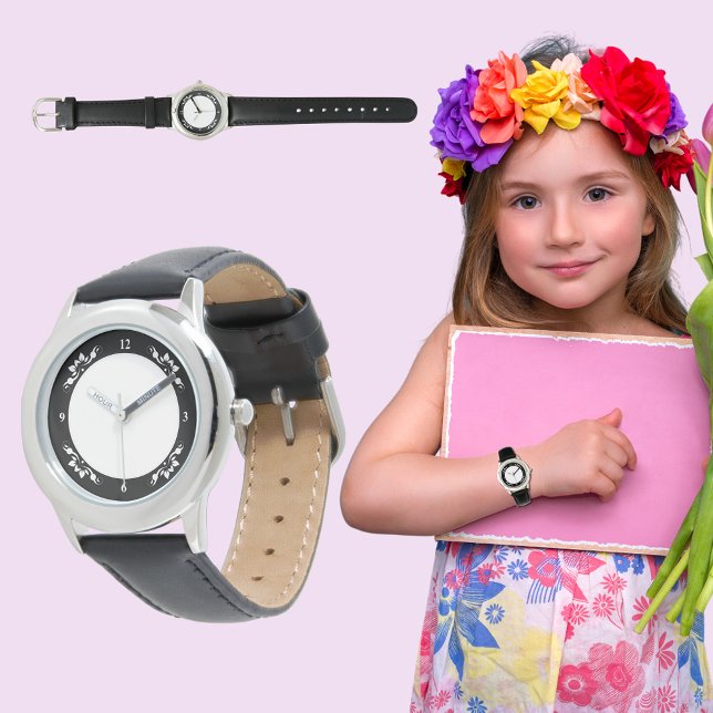 Barn S.S. Black Leather Strap Decorative Watch Armbandsur (Kid's S.S. Black Leather Strap Decorative Watch)
