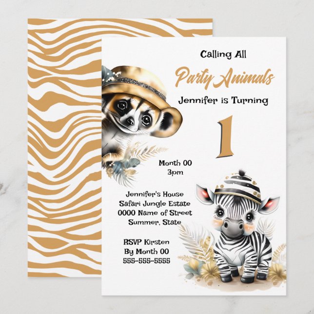 Barn safari fest söt surikat zebra inbjudningar (Fram/baksida)