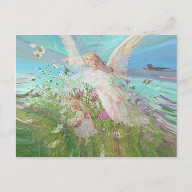 Barn samlar blommor i fält. vykort (Framsida)