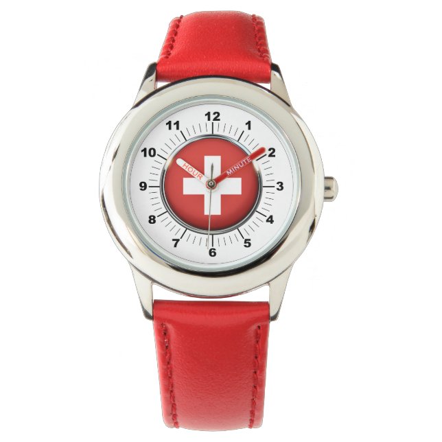 Barn Schweiz Flagga Red Leather Strap Watch Armbandsur (Framsida)