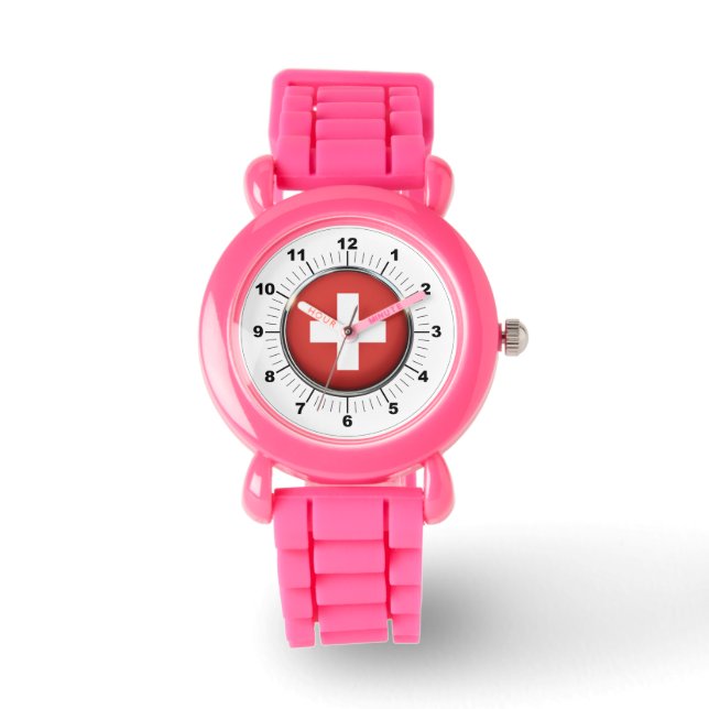 Barn Schweiz Flagga Rosa Glitter Strap Watch Armbandsur (Framsida)