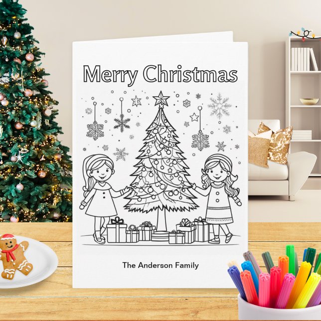 Barn Semester Färgbild Träd God Jul Kort (A Christmas card for children to color in, with picture of two girls decorating a Christmas tree)