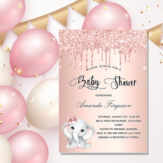 Barn Shower elephant ro guld Flickor glitter dropp Inbjudningar (Skapare uppladdad)
