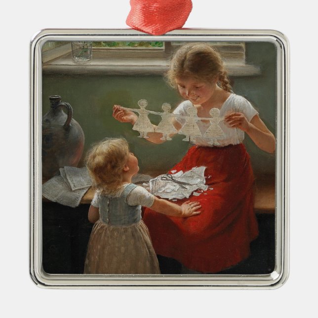 Barn Skapar Silhouettes (Cute Kids spelar..) Julgransprydnad Metall (Framsidan)