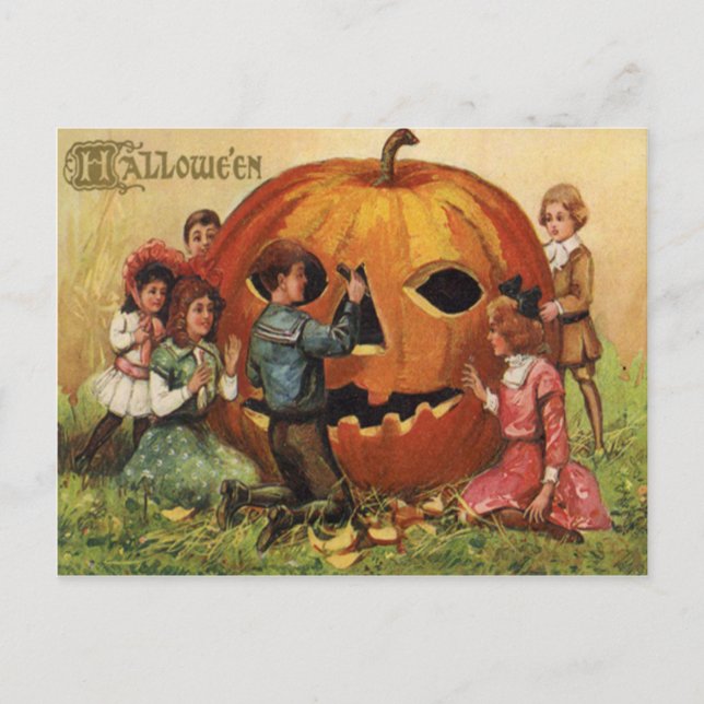 Barn snidar ur Jack O Lantern-pumpa Vykort (Framsida)