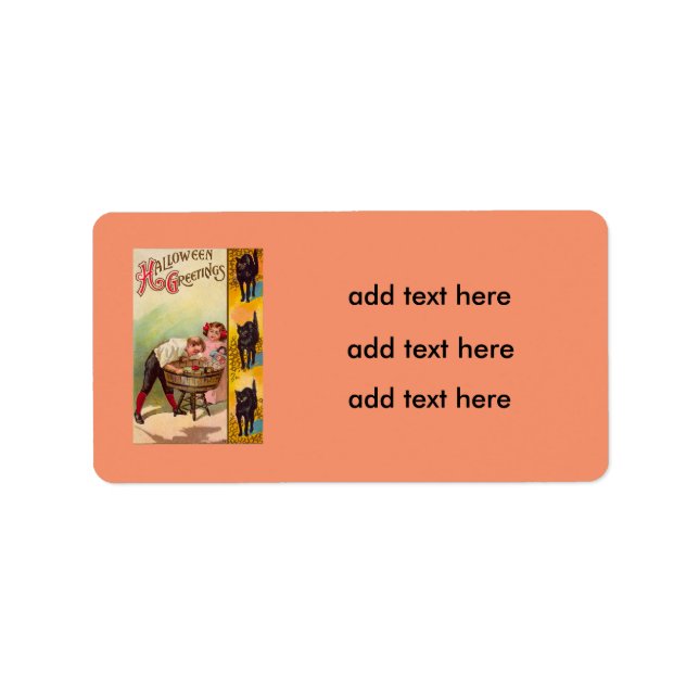 Barn som bockar för äppelsvart katt adressetikett (Framsidan)