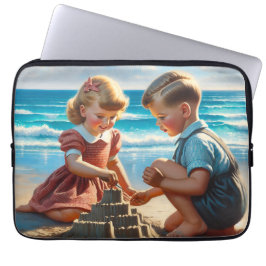 Barn som Bygger ett Sandcastle på stranden Laptop Fodral