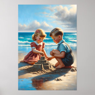Barn som Bygger ett Sandcastle på stranden Poster