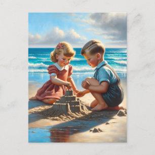 Barn som Bygger ett Sandcastle på stranden Vykort