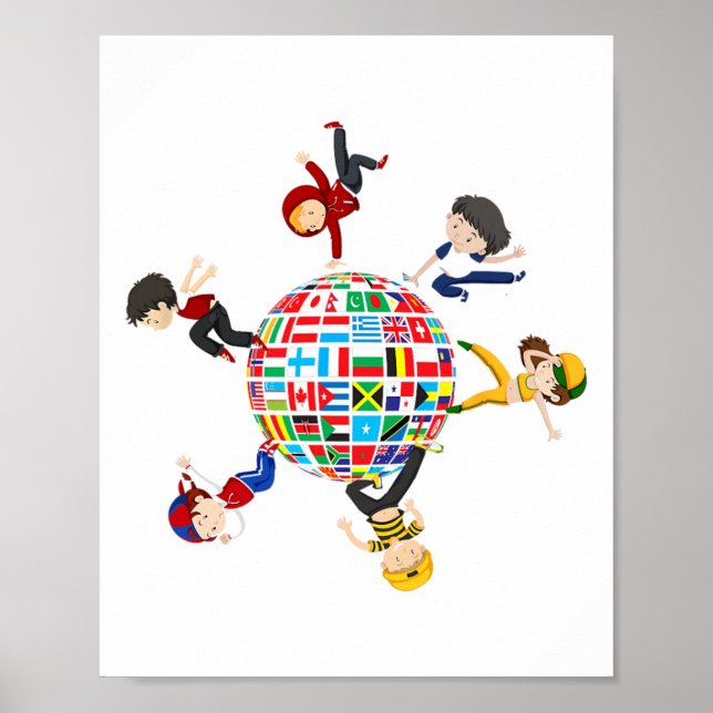 Barn som dansar runt den globala Flaggorna D Poster (Framsidan)