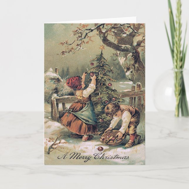 Barn som dekorerar Julgran Snö Helgkort (Framsida)