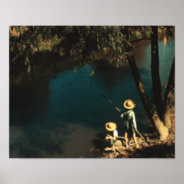 Barn som fiskar på Bayou-Vintagen Poster (Framsidan)