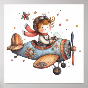 Barn som flyger det gamla flygplanet Whimsical Nur Poster