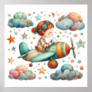 Barn som flyger med Propeller Flygplan Whimsical N Poster