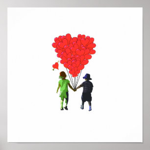 Barn som håller händer och hjärtformade ballonger poster