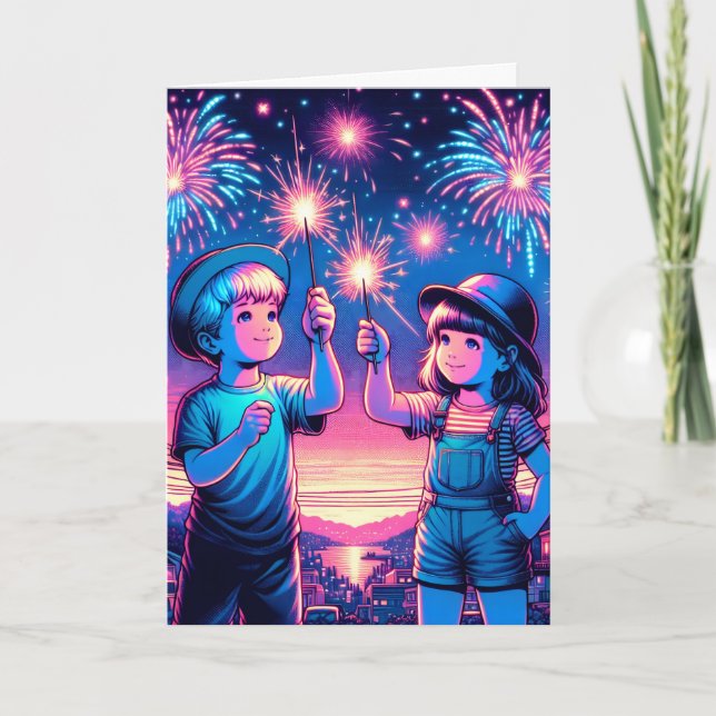 Barn som håller upp Fireworks den 4 juli Kort (Framsida)