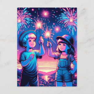 Barn som håller upp Fireworks den 4 juli Vykort