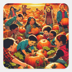 Barn som har Roligt på Pumpkin Patch Halloween Fyrkantigt Klistermärke