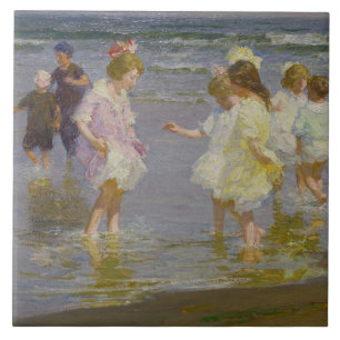 Barn som kör på stranden (av E.H. Potthast) Kakelplatta