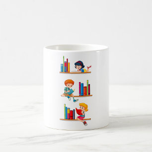 Barn som läser böcker på hylla kaffemugg