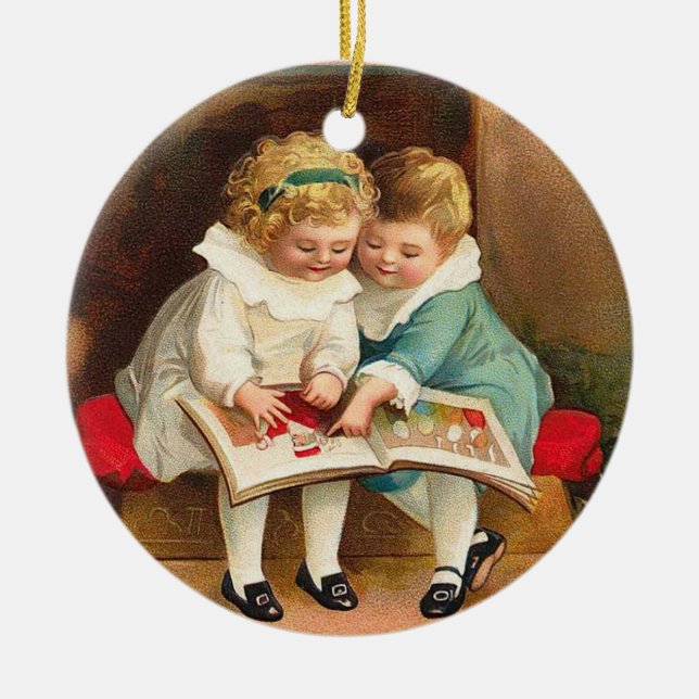 Barn som läser Bok julkort Julgransprydnad Keramik (Framsidan)