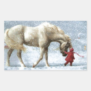 Barn som leder en häst i Snö Rektangulärt Klistermärke