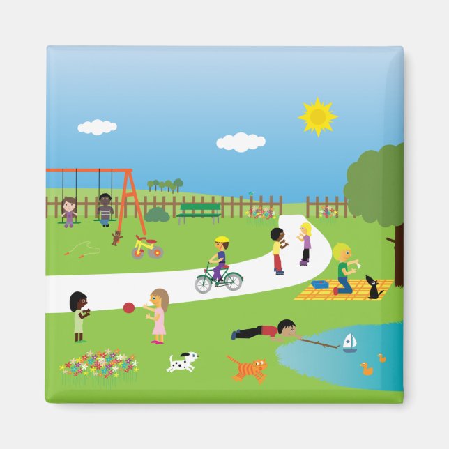 Barn som leker i parkmagnet magnet (Framsidan)