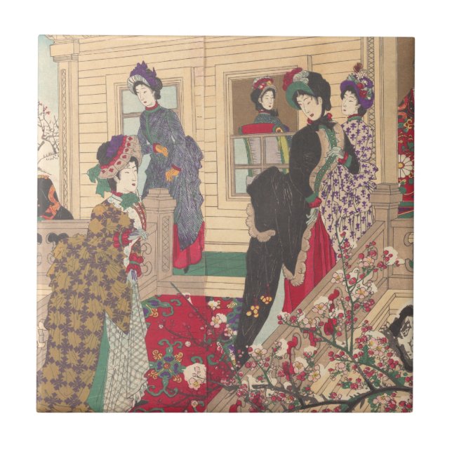 Barn som leker i snön under plommonträd kakelplatta (Framsidan)