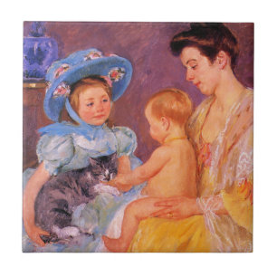 Barn som leker med en Cute Kitten (Mary Cassatt) Kakelplatta
