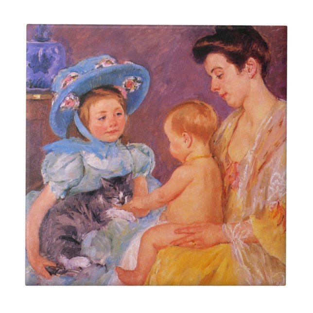 Barn som leker med en Cute Kitten (Mary Cassatt) Kakelplatta (Framsidan)