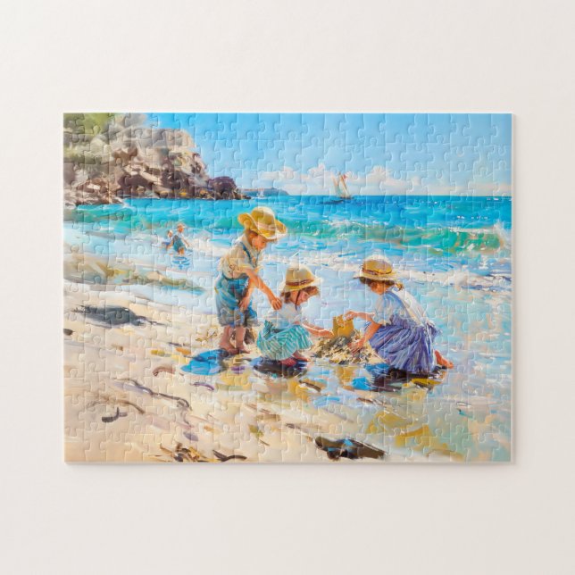Barn som leker på stranden - Impressionistisk kons Pussel (Horisontell)