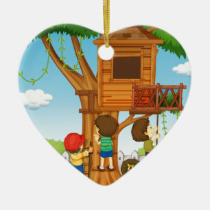 Barn som leker på treehousen julgransprydnad keramik