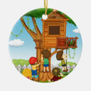 Barn som leker på treehousen julgransprydnad keramik