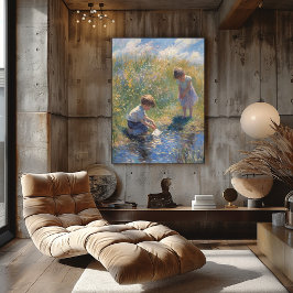 Barn som leker vid en solbelyst damm – Impressioni Poster