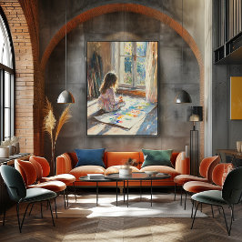 Barn som målar i solbelyst rum – Impressionistisk  Poster