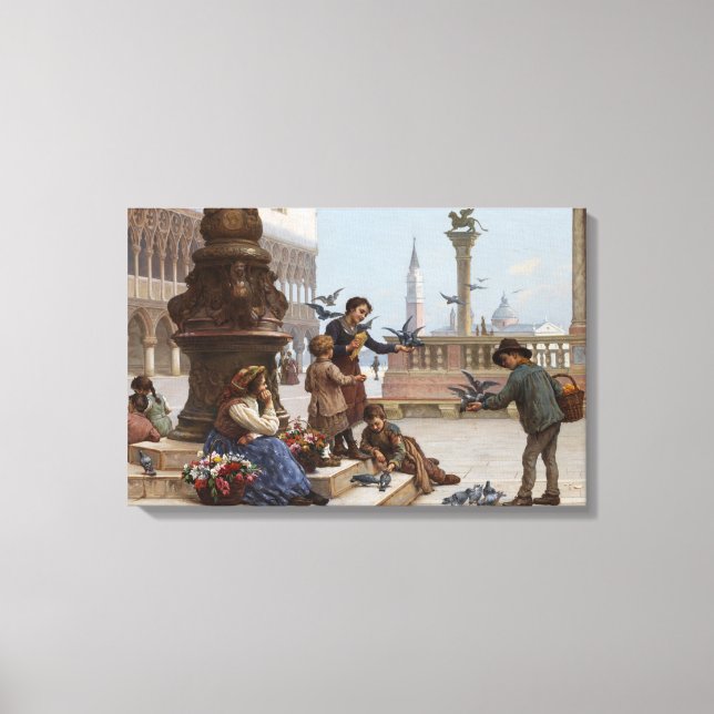 Barn som Matar pigeoner i Venedig (av Paoletti) Canvastryck (Framsida)