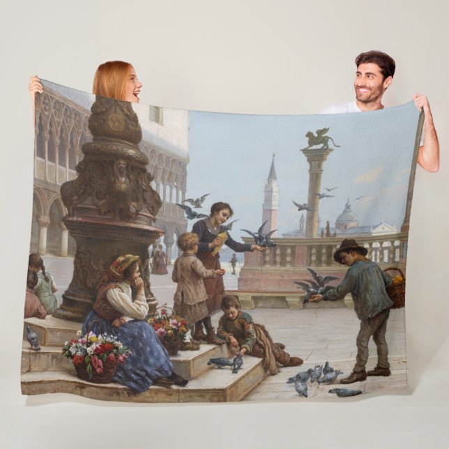 Barn som Matar pigeoner i Venedig (av Paoletti) Fleecefilt (På plats)
