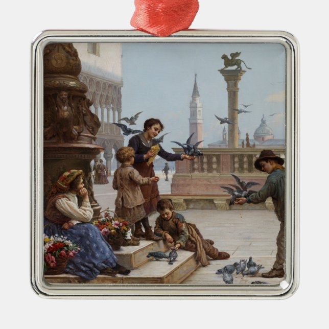 Barn som Matar pigeoner i Venedig (av Paoletti) Julgransprydnad Metall (Framsidan)