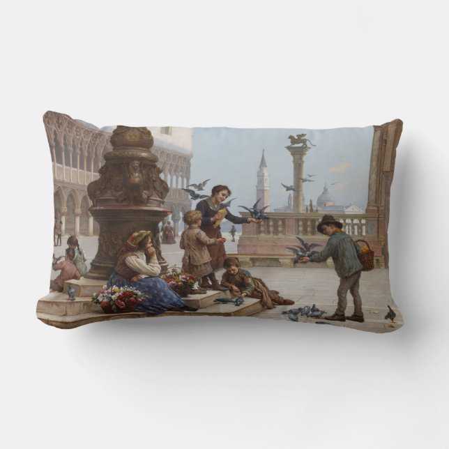 Barn som Matar pigeoner i Venedig (av Paoletti) Lumbarkudde (Framsida)