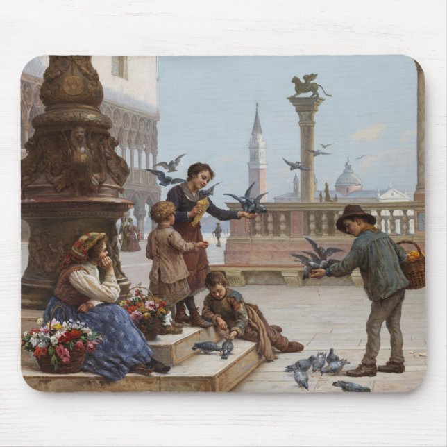 Barn som Matar pigeoner i Venedig (av Paoletti) Musmatta (Framsidan)