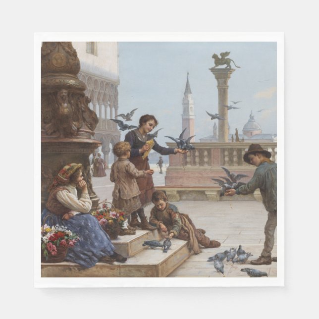Barn som Matar pigeoner i Venedig (av Paoletti) Pappersservett (Framsidan)